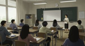 aula escolar con estudiantes atentos y profesor