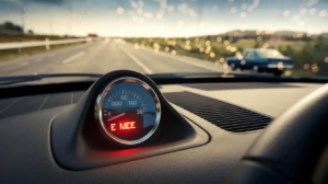 auto en carretera con medidor de combustible