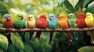 aves coloridas posadas en ramas verdes