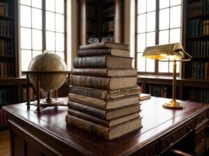 biblioteca escolar antigua con libros y globos terraqueos