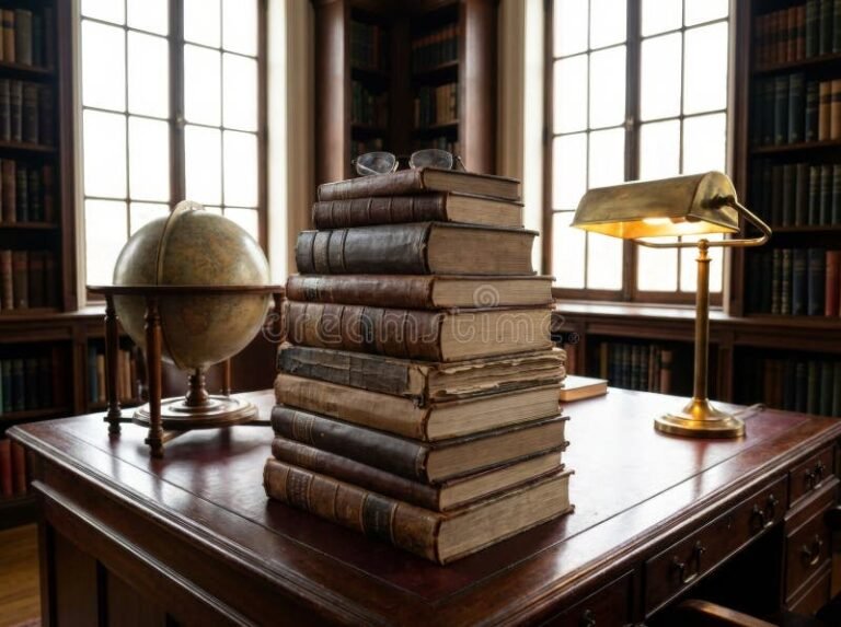 biblioteca escolar antigua con libros y globos terraqueos