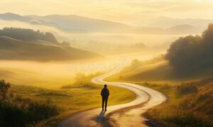 camino solitario al amanecer con luz dorada