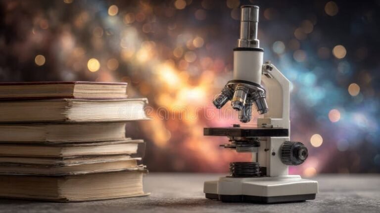 cientifico reflexionando con libros y microscopio