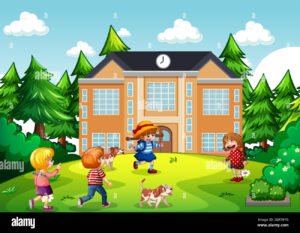 edificio escolar con ninos jugando afuera