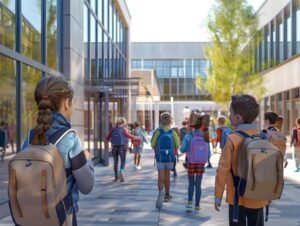 Cómo puedo acceder a los servicios de Nuestra Escuela GBA Gob Ar 29 edificio escolar moderno con ninos entrando