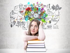 estudiante con libros y cerebro modelo