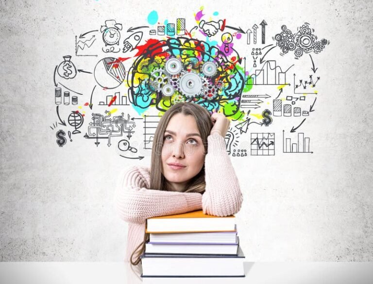 estudiante con libros y cerebro modelo