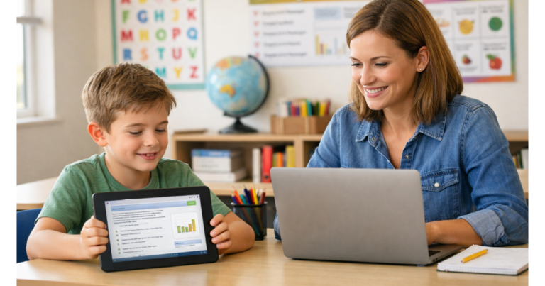 estudiantes leyendo blog educativo en computadora