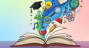 libro abierto con apuntes y graficos educativos