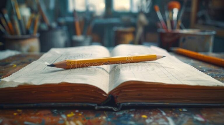 libro abierto con notas y lapiz sobre mesa