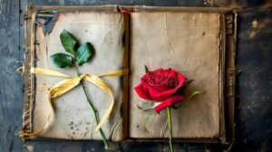 libro abierto con rosa sobre paginas antiguas