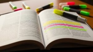 Cómo Identificar Tramas Textuales y Funciones del Lenguaje en Lengua 41 libro abierto con texto y resaltadores coloridos