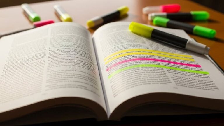 libro abierto con texto y resaltadores coloridos