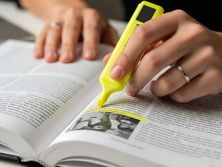 manos destacando texto con marcador amarillo