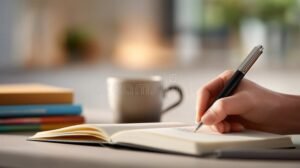 manos escribiendo con cuaderno y libros abiertos