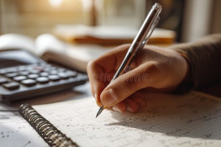 manos escribiendo en cuaderno con calculadora