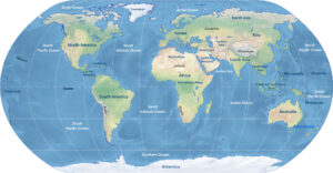 mapa mundial con oceanos y continente americano