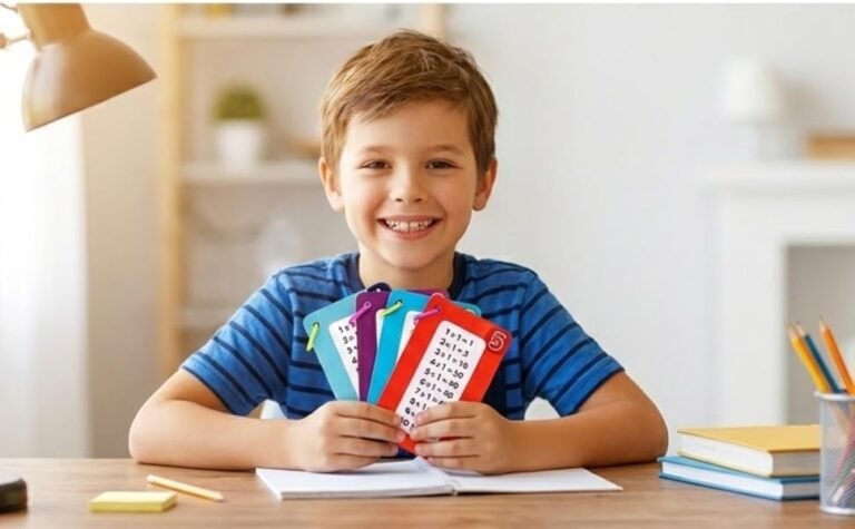 nino estudiando con tarjetas de multiplicar