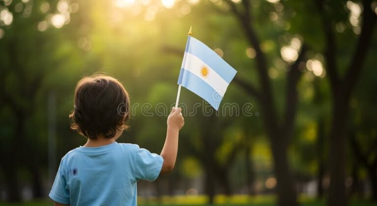 nino jugando en parque con bandera argentina