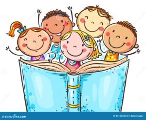 nino leyendo libro ilustrado colorido contento