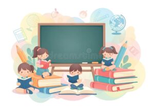 ninos aprendiendo con libros y pizarras coloridas