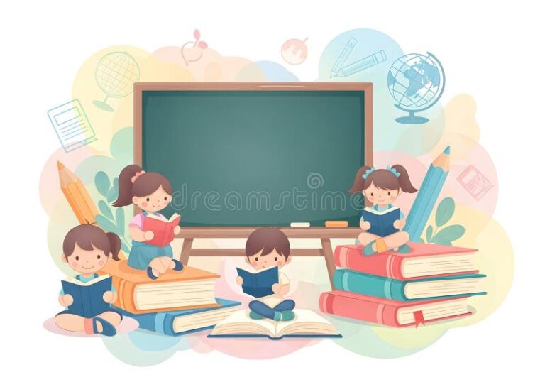 ninos aprendiendo con libros y pizarras coloridas