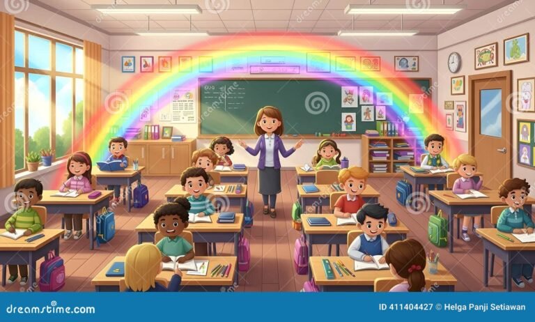 ninos aprendiendo en aula colorida y alegre