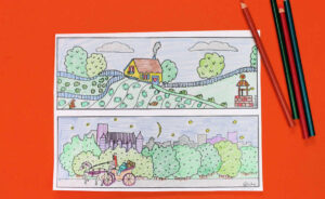 ninos coloreando dibujos del campo y ciudad