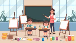 ninos en aula con docente y material educativo