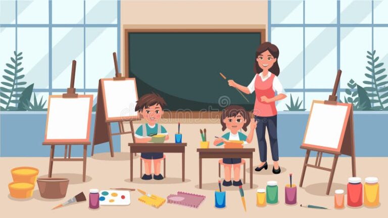 ninos en aula con docente y material educativo