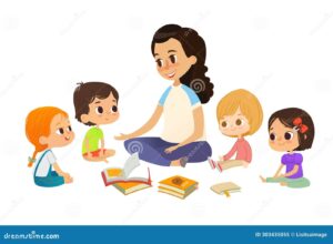 ninos leyendo cuentos en circulo alegremente