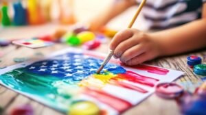 ninos pintando bandera con colores basicos