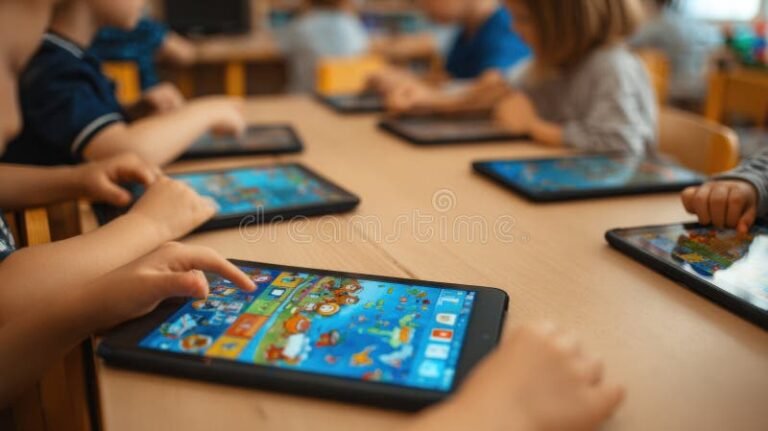 Qué es tecnología para niños de segundo grado y cómo enseñarla 2 ninos usando tabletas en clase colorida