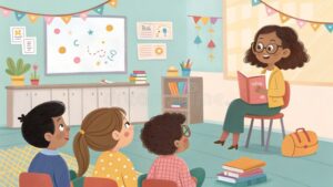 ninos y libros en aula colorida