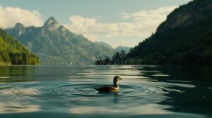 pato nadando en un lago tranquilo