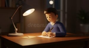 persona escribiendo carta en escritorio iluminado