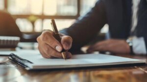 persona escribiendo carta formal en escritorio ordenado