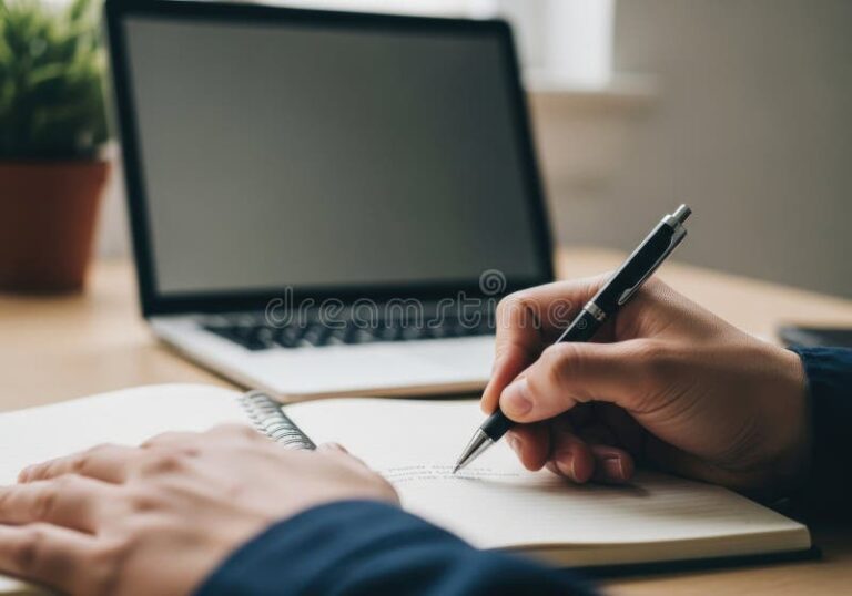 Cómo Hacer Un Informe Pedagógico Claro Y Efectivo 2 persona escribiendo en cuaderno con laptop abierta