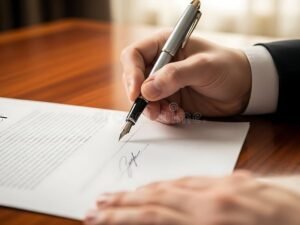 persona firmando documento formal con pluma