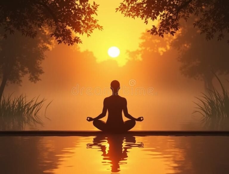 persona meditando en naturaleza al amanecer