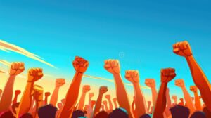 personas unidas levantando manos derechos humanos