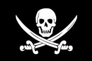 pirata antiguo con espada y bandera negra